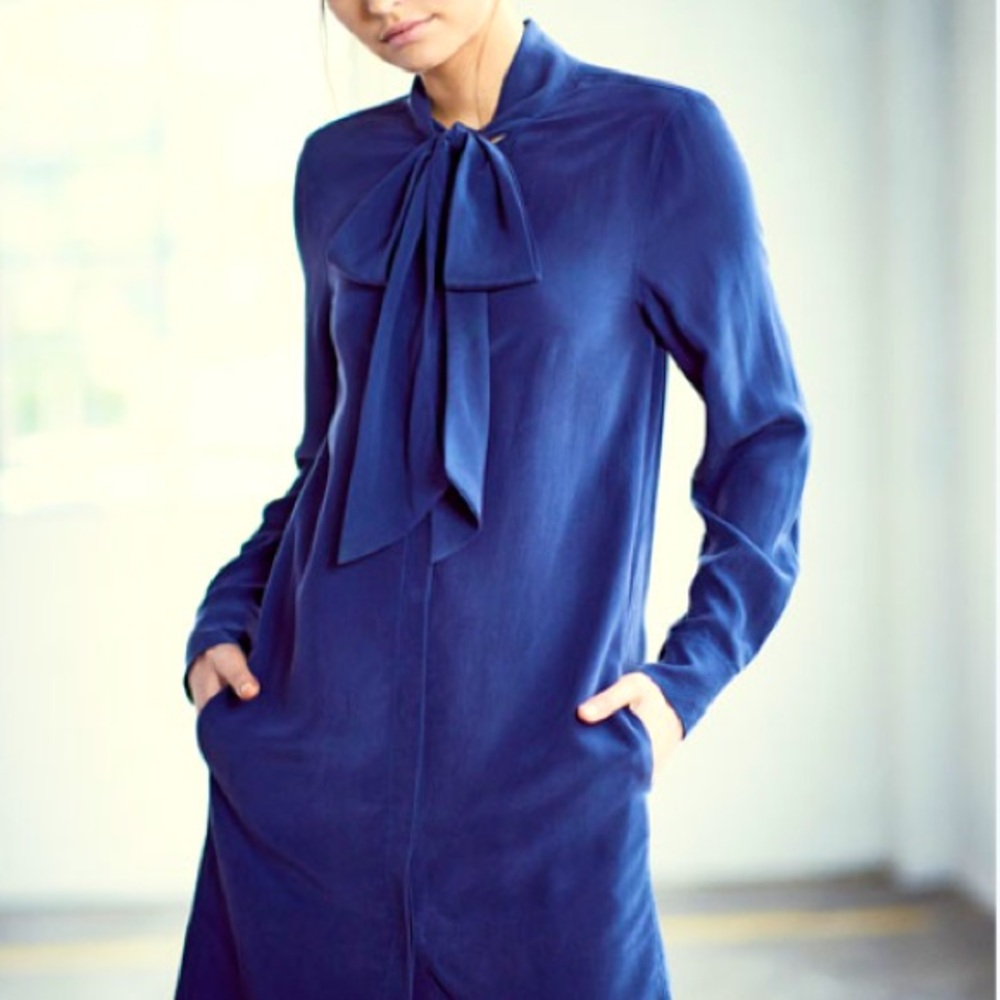 Equipment Long-Sleeve Bow-Front Dress in Deep Blue